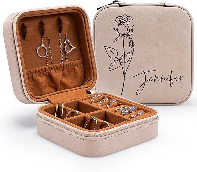 Custom Leather Customized Jewelry Organizer Box w/Name & Birth Flower Month - Birthday Gifts for ... | Amazon (US)