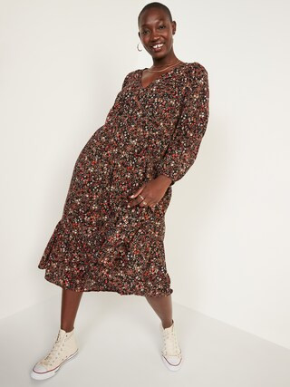 Long-Sleeve Fit & Flare Tiered Midi Dress for Women | Old Navy (US)