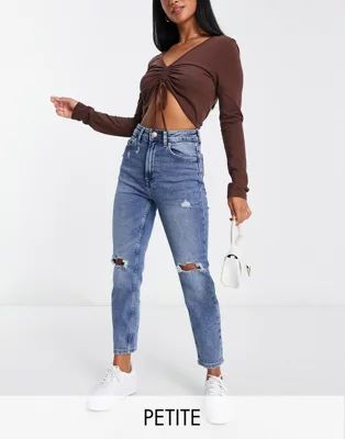 Stradivarius Petite slim mom jean with stretch and rip in authentic blue | ASOS (Global)