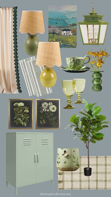 Green home decor - curtains, teacup, faux fiddle leaf plant, botanical art, lamp with ruffle shade (two greenish color options and more colors and sizes available) , vase, planter, watercolor art, goblets? Plaid throw accent rug, kitchen towel, metal cabinet, ceiling lantern, vase 

#LTKstyletip #LTKsalealert #LTKhome