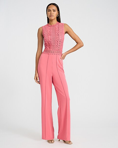 Lace Crew Neck Sleeveless Sheer Wide Leg Jumpsuit | Express