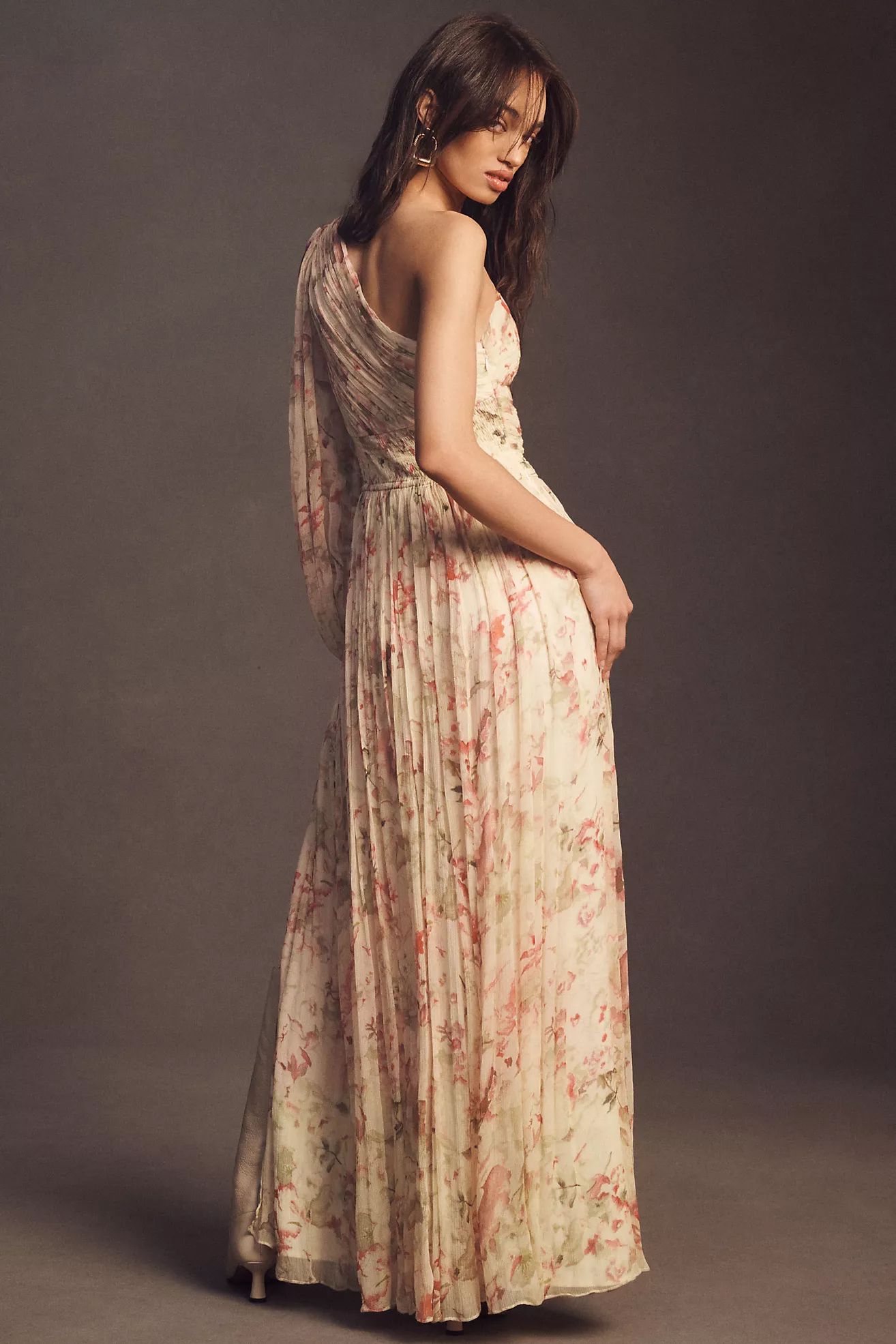 BHLDN Iris One-Shoulder Cut-Out Printed Chiffon Gown | Anthropologie (US)