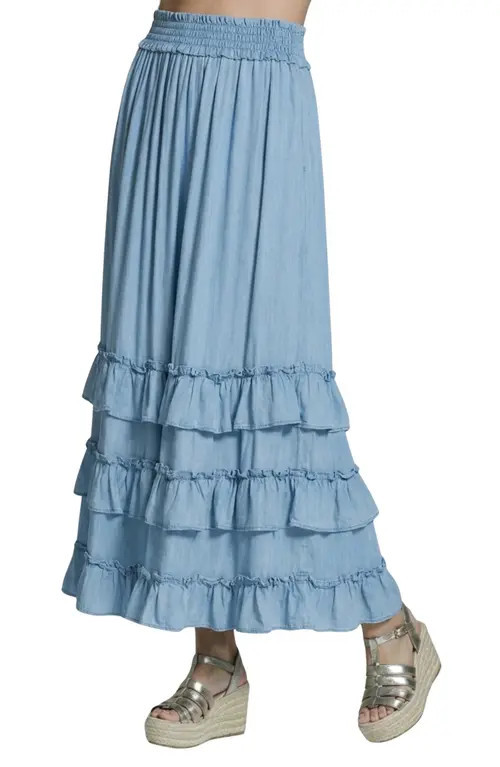 APNY Ruffle Cascade Chambray Maxi Skirt in Light Indigo at Nordstrom, Size X-Large | Nordstrom