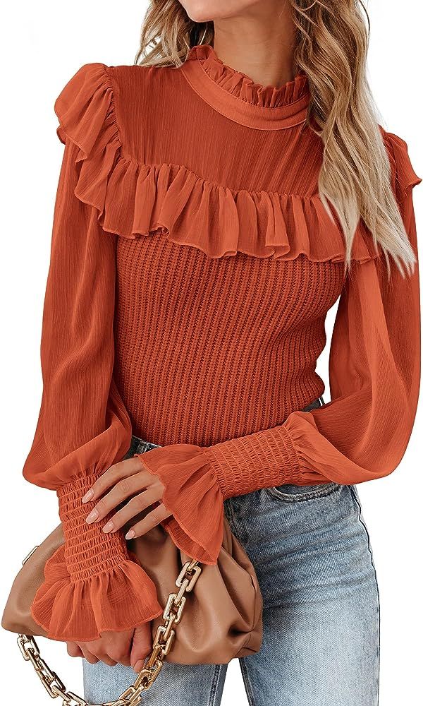 KIRUNDO Womens Sweaters Dressy Casual 2023 Fall Mock Neck Ruffle Long Sleeve Chiffon Patchwork Knit  | Amazon (US)