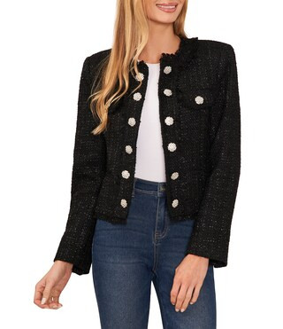 Metallic Tweed Crew Neck Long Sleeve Rhinestone Button Front Coordinating Jacket | Dillard's