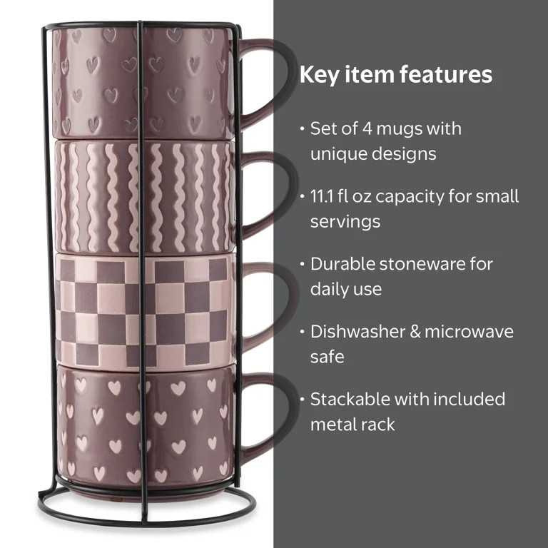Thyme & Table 4 Pack Stacking Mugs, Purple Hearts, Purple Checkered and Purple Squiggles 11.1 fl ... | Walmart (US)