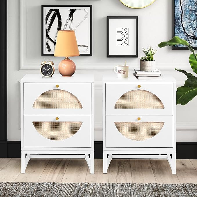Lamerge Rattan Nightstand Set of 2, Wooden End Table, Modern Side Table with 2 Storage Drawer, Ac... | Amazon (US)