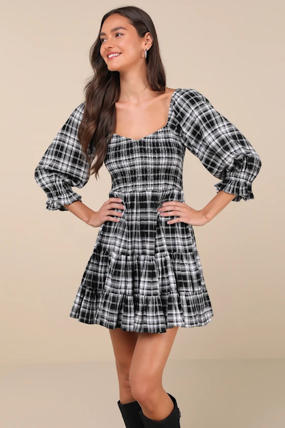 No One Cuter Black and Ivory Plaid Puff Sleeve Tiered Mini Dress | Lulus