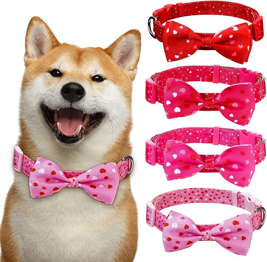 4 Pack Valentine's Day Dog Collar with Bow Tie Cute Heart Collar for Small Dogs Puppy Pet Valenti... | Amazon (US)