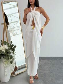 Aloruh New Textured Halter Neck Tie Camisole And Wrap Skirt Two Pieces Set, Bohemian Style For Da... | SHEIN