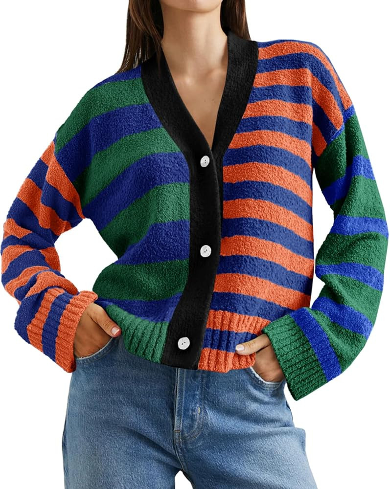 Saodimallsu Womens Striped Cardigan Sweaters V Neck Open Front Button Up Color Block Fuzzy Loose ... | Amazon (US)