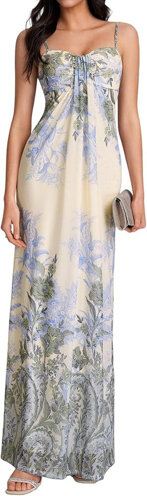 KUTUMAI Floral Maxi Dresses for Women 2026 Summer Spaghetti Strap Bodycon Long Beach Wedding Gues... | Amazon (US)