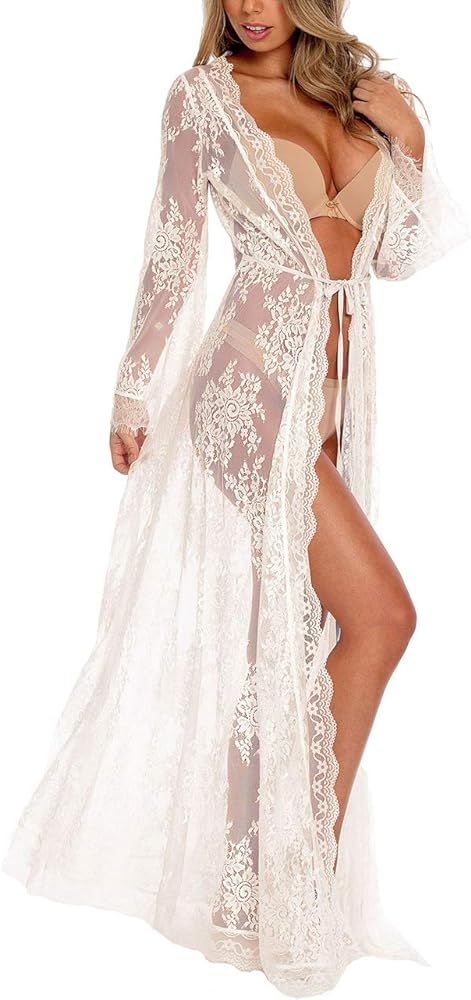 Bsubseach Women Sexy Lace Crochet Open Front Swimsuit Beach Long Kimono Cover Ups | Amazon (US)