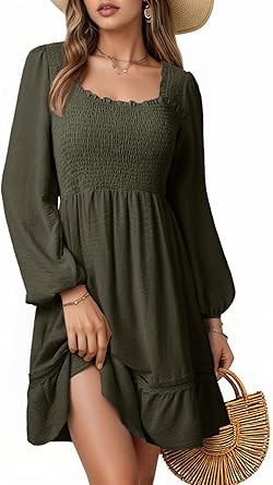 Dokotoo Dresses for Women 2026 Square Neck Long Sleeve Smocked Dress Flowy Tiered Ruffle Lace Bea... | Amazon (US)