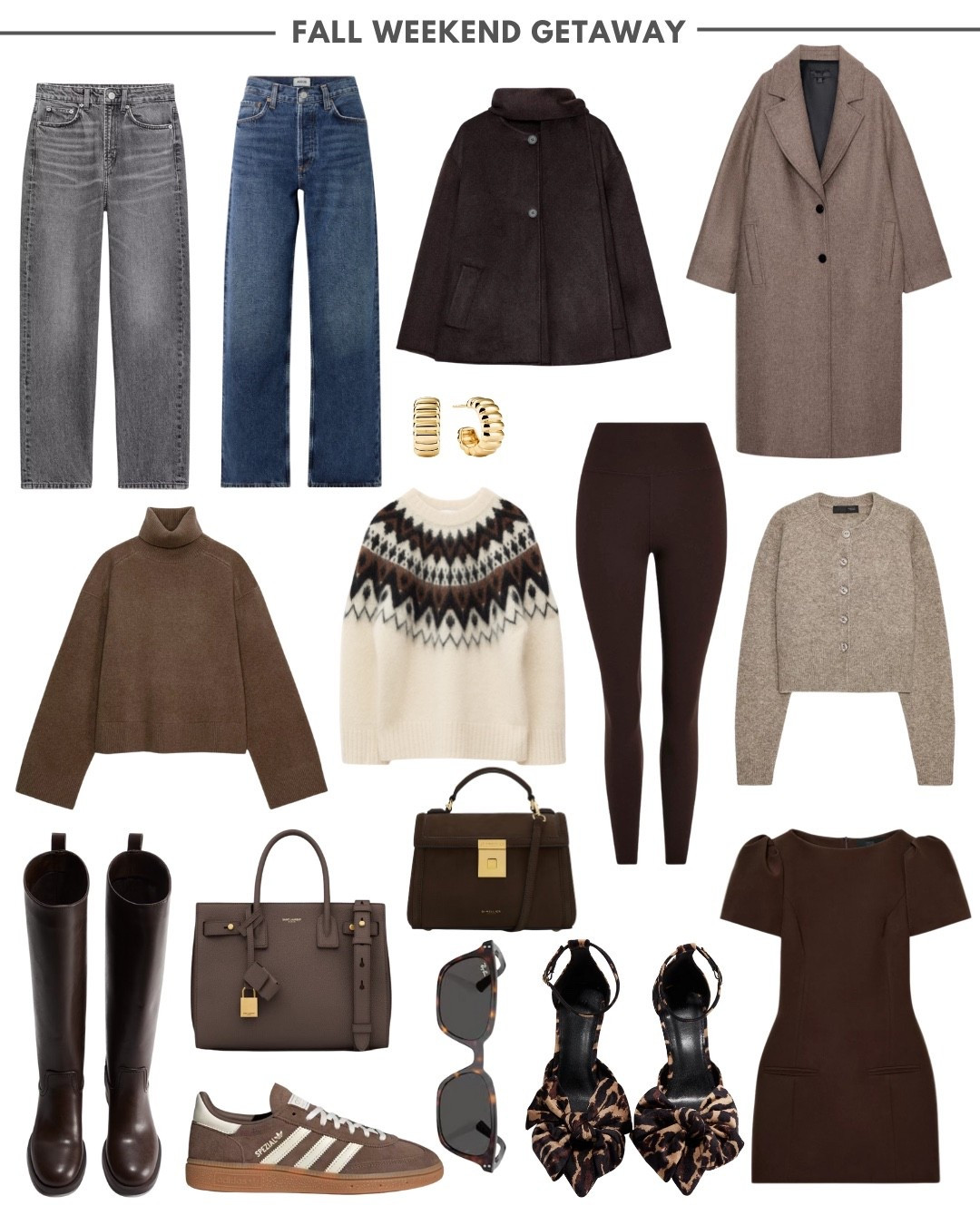 Fall weekend getaway - what to pack 🤎🍂

Tags: mini capsule wardrobe, autumn outfit, fall fashion, Niagara-on-the-lake travel guide, NOTL, grey denim, agolde jeans, espresso brown scarf coat, wool jacket, new-in Zara turtleneck sweater, fair isle jumper, brown leggings, knit cardigan, H&M brown knee boots, ysl nano tote bag, Ray-ban tortoise sunglasses L, leopard print bow heels, party dress, dinner outfit, thanksgiving 

#LTKStyleTip #LTKHoliday #LTKTravel