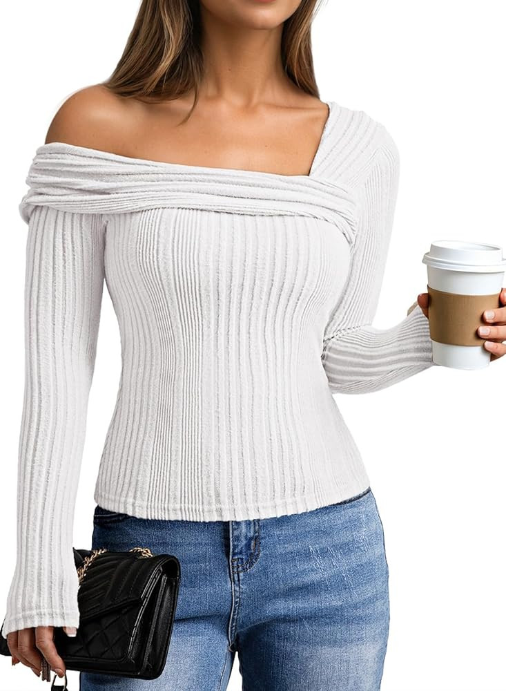 Viottiset Womens Fashion Off The Shoulder Tops Long Sleeve Knit Shirt Drop Shoulder Sweater Top | Amazon (US)