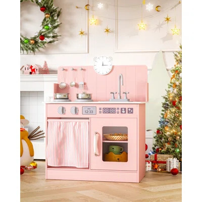 Kids Kitchen Playset With Ample Storage, Interactive Play Kitchen With Simulated Gas Tray, Sink, Faucet, 6 Pcs Cookware, Educational Clock For Toddler | Wayfair North America