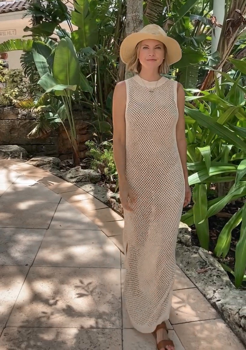 Amazon crochet swimsuit coverup
Brown one pice swimsuit 
J. Crew straw panama hat

#LTKStyleTip #LTKFindsUnder50 #LTKOver40