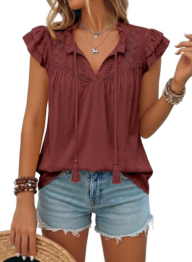 Dokotoo Womens Summer Tops Dressy Casual Ruffle Cap Sleeve Chiffon Blouses Tassel V Neck Lace Emb... | Amazon (US)