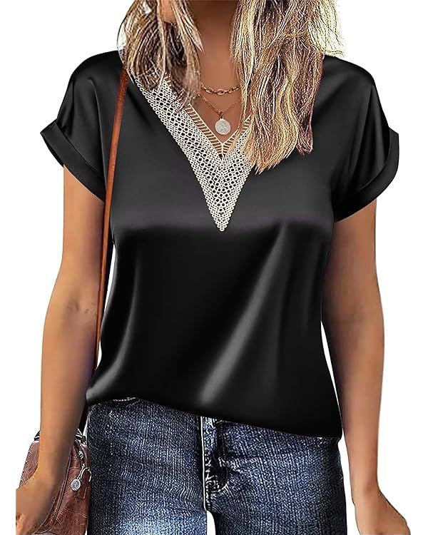GZ-LAOPAITOU Satin Short Sleeve Blouse for Women Lace Trim V Neck Silk Tops Summer Casual T Shirt | Amazon (US)