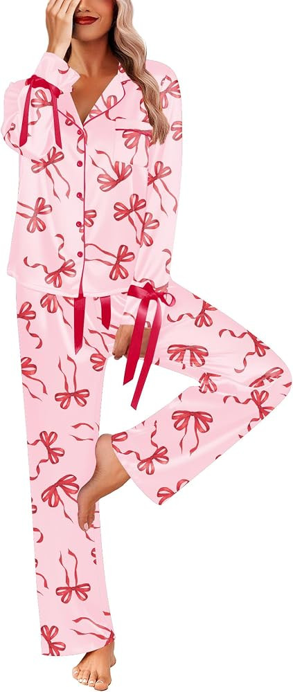 Ekouaer Women Classic Button Down Long Satin Pajamas Set Cute Bow Sleepwear | Amazon (US)