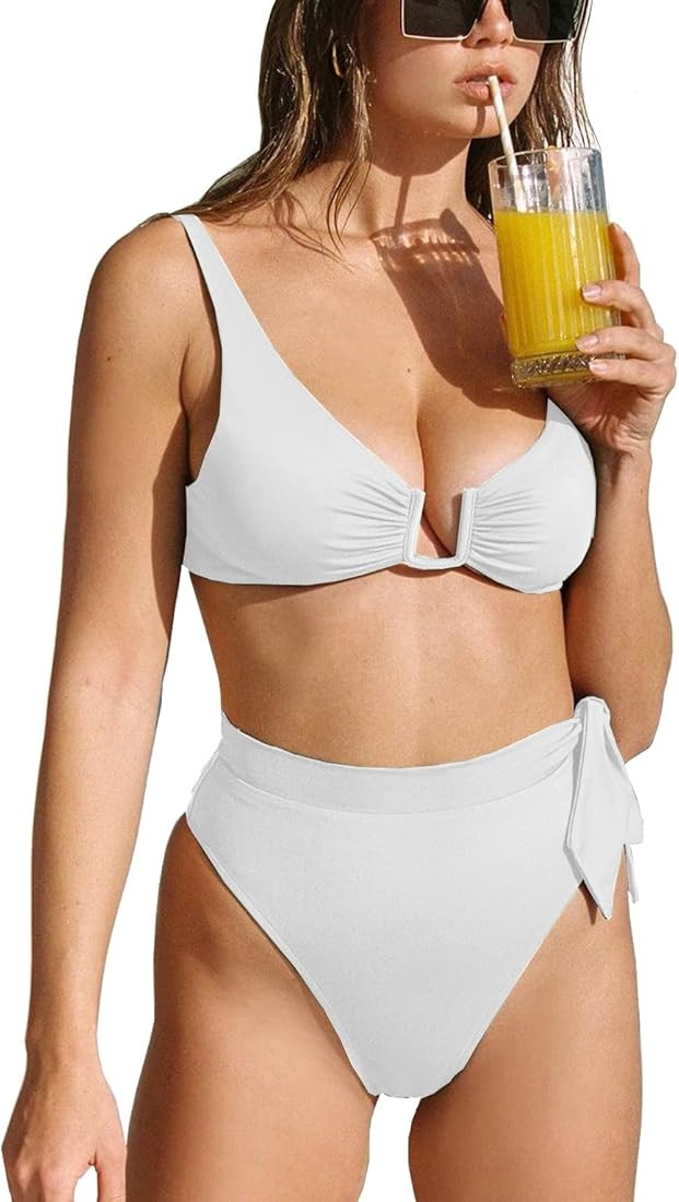 Women Two Piece Swimsuits Sexy U Wire Ruched High Waisted High Cut Full Coverage Bikini Set | Amazon (US)