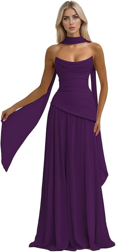 Strapless Chiffon Bridesmaid Dresses for Women Pleated Long Formal Evening Party Gowns with Scarf | Amazon (US)