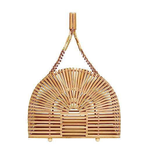 FENICAL Hollow Handmade Woven Bag Bamboo Bag Beach Handbag Wooden Semicircle Cage Bag (Natural Co... | Amazon (US)