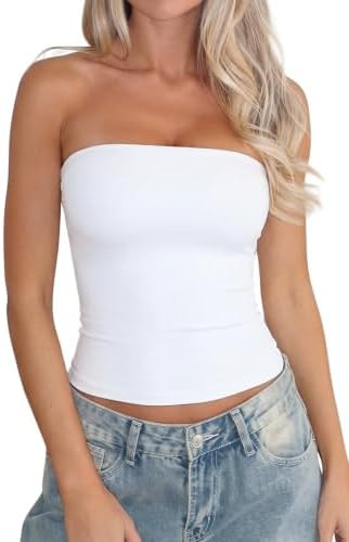 QINSEN Women's Tube Top Double Lined Strapless Bandeau Top Summer Slim Fit Going Out Tank Tops | Amazon (US)