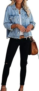 LONGBIDA Women's Jean Jacket Frayed Washed Button Up Cropped Denim Jacket With Pockets | Amazon (US)