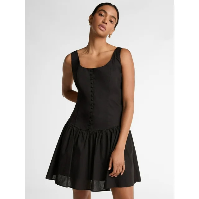 Scoop Women’s Cotton Poplin Mini Dress with Decorative Button Front, Sizes XS-XXL | Walmart (US)