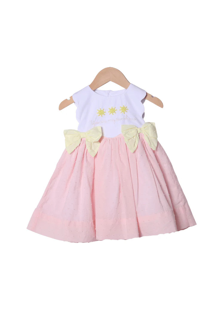 French Knot You Are My Sunshine Pink Swiss Dot Dress | The Smocked Flamingo