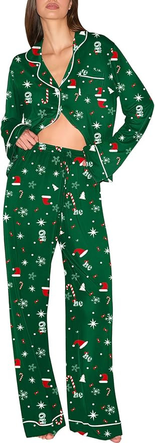 Ekouaer Christmas Pajamas Womens Long Sleeve Button Down Sleepwear Holiday Matching Pjs Comfy Lon... | Amazon (US)