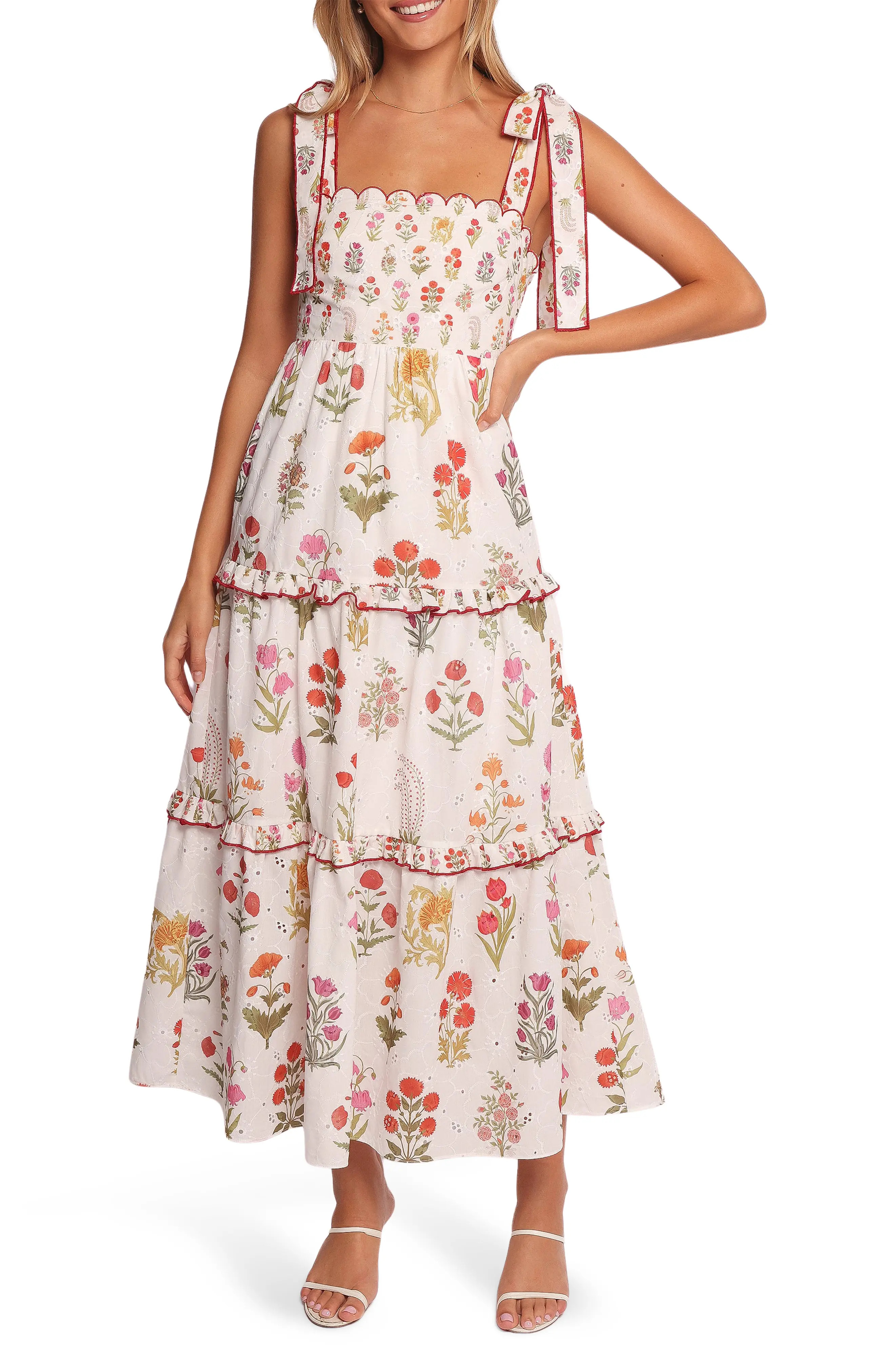 Petal & Pup Aurelia Print Tie Strap Sleeveless Maxi Dress in White Floral at Nordstrom, Size X-Large | Nordstrom