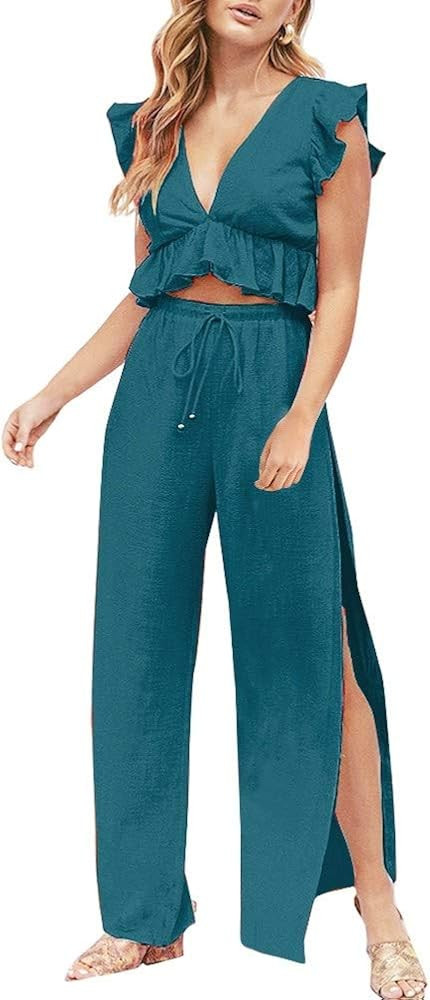 FANCYINN Womens 2 Pieces Outfits Deep V Neck Crop Top Side Slit Drawstring Wide Leg Pants Set Jum... | Amazon (US)