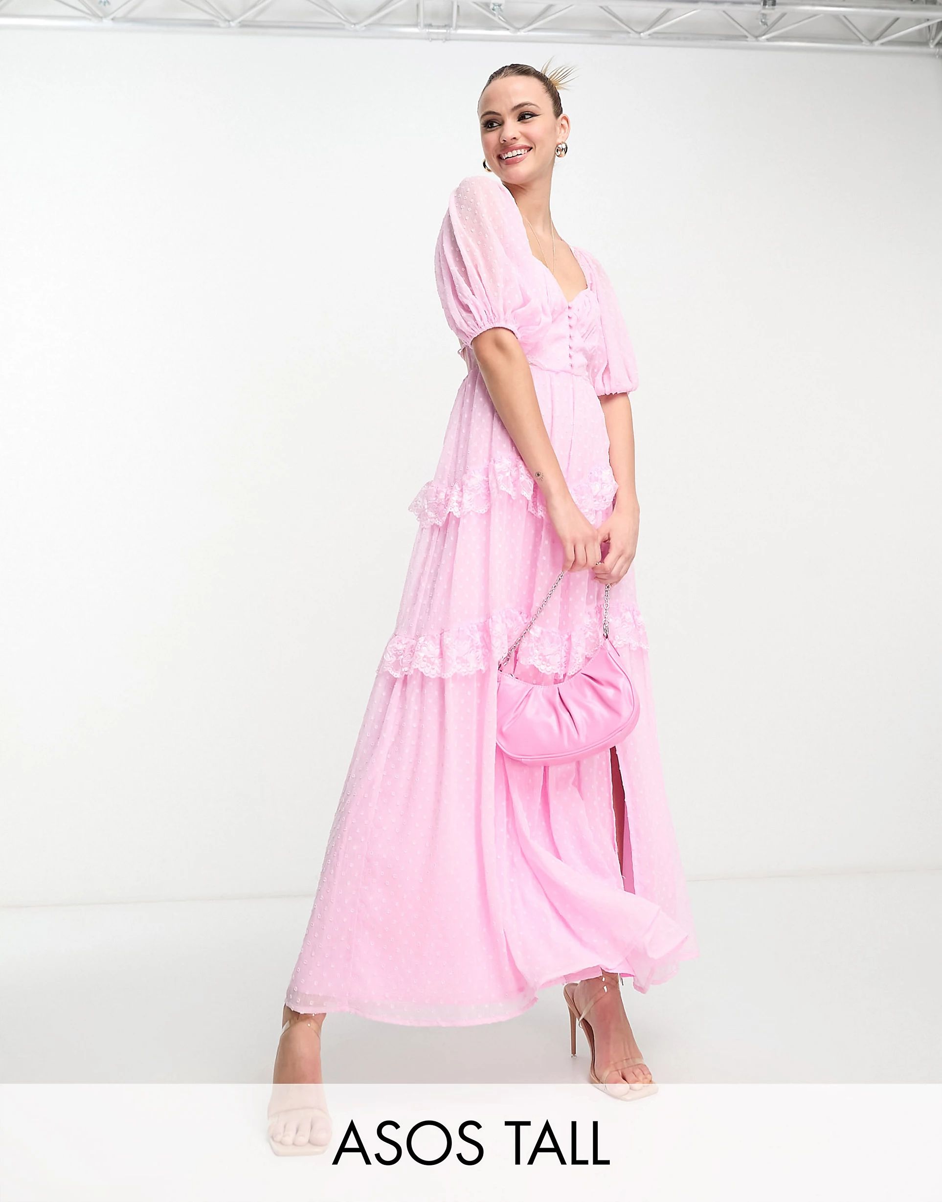 ASOS DESIGN Tall open back lace insert dobby maxi tea dress in light pink | ASOS (Global)