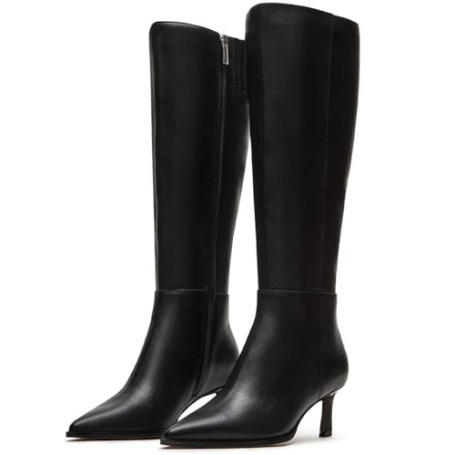 SUIARA Black Knee High Boots for Women Pointed Toe kitten Heels Tall Boots 2.8 In Stiletto Heel Faux Fashion Dress Leather Long Boots Side Zipper | Amazon (US)