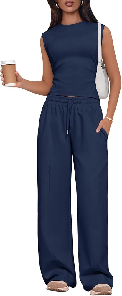 Lazysmile 2 Piece Sets for Women Summer Outfits Lounge Sets Sleeveless Tops Wide Legs Long Pants ... | Amazon (US)