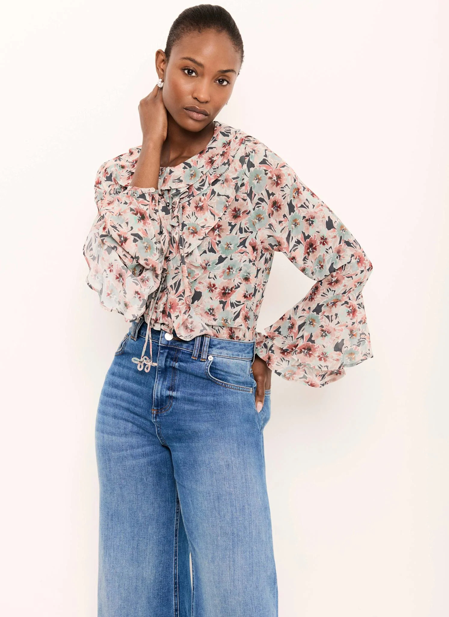 Green Floral Print Ruffle Blouse | Mint Velvet