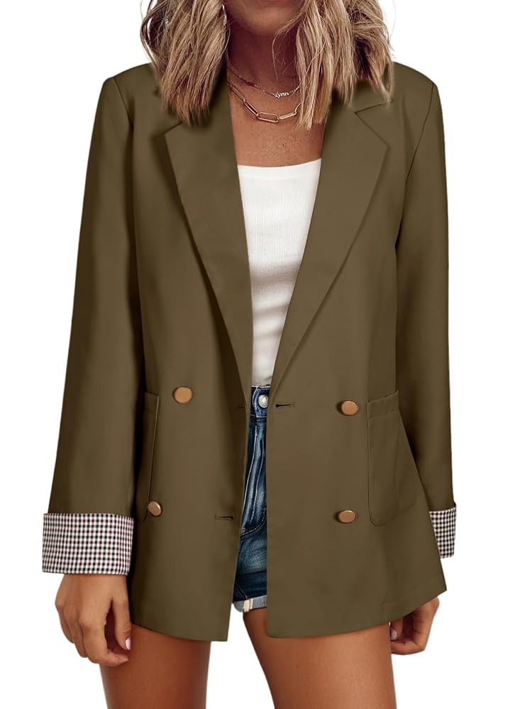 Happy Sailed Womens Blazers Plaid Cuff Double Breasted Open Front Business Casual Office Suit Jac... | Amazon (US)