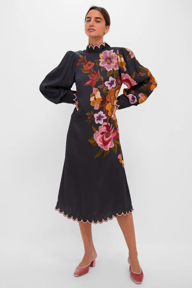 Black Chenille Flowers Midi Dress | Tuckernuck (US)