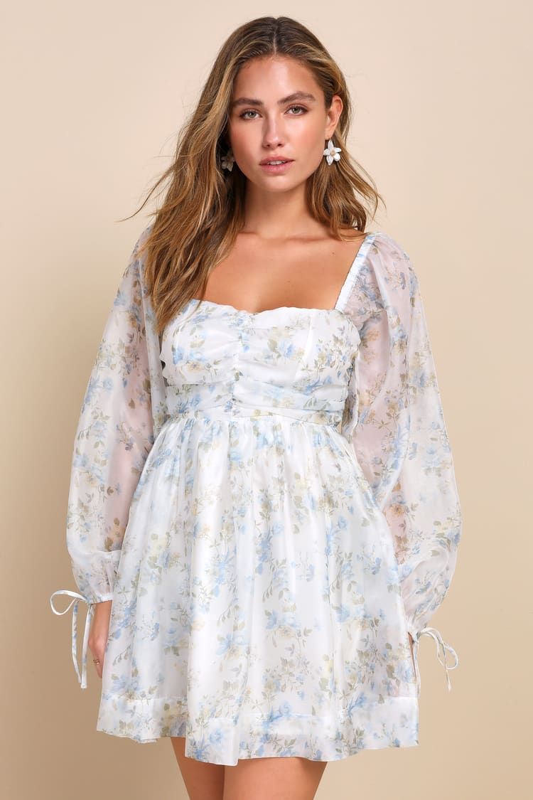 Exceptionally Dainty White Floral Chiffon Babydoll Mini Dress | Lulus (US)