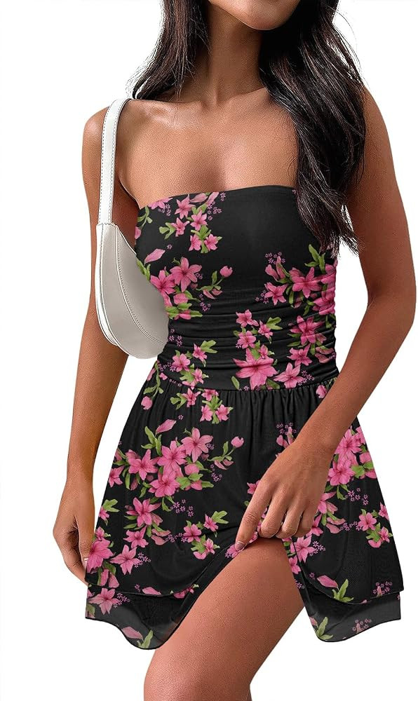 MEROKEETY Women's Summer Floral Strapless Tube Dress Boho Off Shoulder Ruffle Tiered Mini Sundres... | Amazon (US)