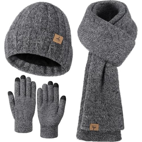 Winter Beanie Hat Scarf Gloves, Warm Fleece Knit Hat Long Scarf Neck Warmer Touch Screen Winter Gloves Set Gifts for Women Black Gray | Amazon (US)