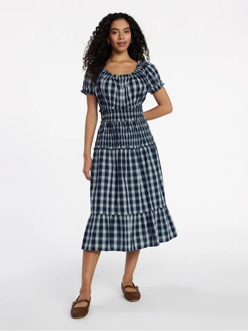 Time and Tru Women's Smocked Cotton Peasant Dress with Short Sleeves, Sizes XS-XXXL | Walmart (US)