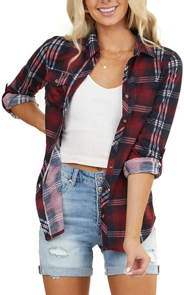 NUOREEL Women's Classic Plaid Shirt Button Down Shirts Roll Up Long Sleeve Cuffed Shirts | Amazon (US)