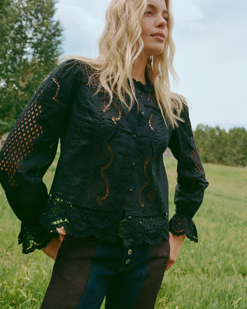 Long-Sleeve Eyelet Lace-Trim Top | Abercrombie & Fitch (US)