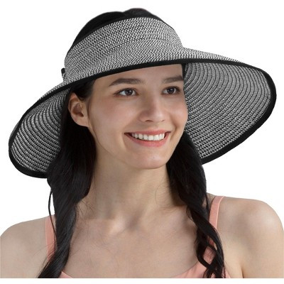 SUN CUBE Womens Sun Visor Hat, Beach Straw Roll Up Ponytail Hat, Wide Brim Sun Hat for Summer UV Protection Foldable (Black & White) | Target