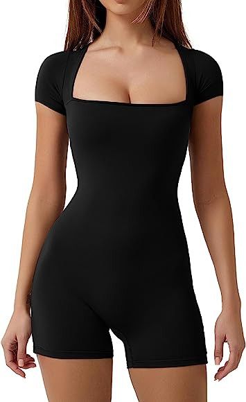 QINSEN Women's Short Sleeve Bodycon Romper Stretchy Square Neck Sexy Unitard Jumpsuit | Amazon (CA)