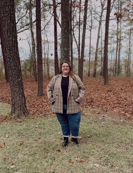 Plus size Thanksgiving outfit! Wearing a pair of Madewell jeans in a size 28, a t-shirt from Old Navy in a size 4X, a Madewell blazer in a size 4X, and a pair of boots from Lane Bryant!

Madewell: 50% off with code TGIF 
Lane Bryant: 50% - no code needed!

#LTKcurves #LTKsalealert #LTKCyberweek